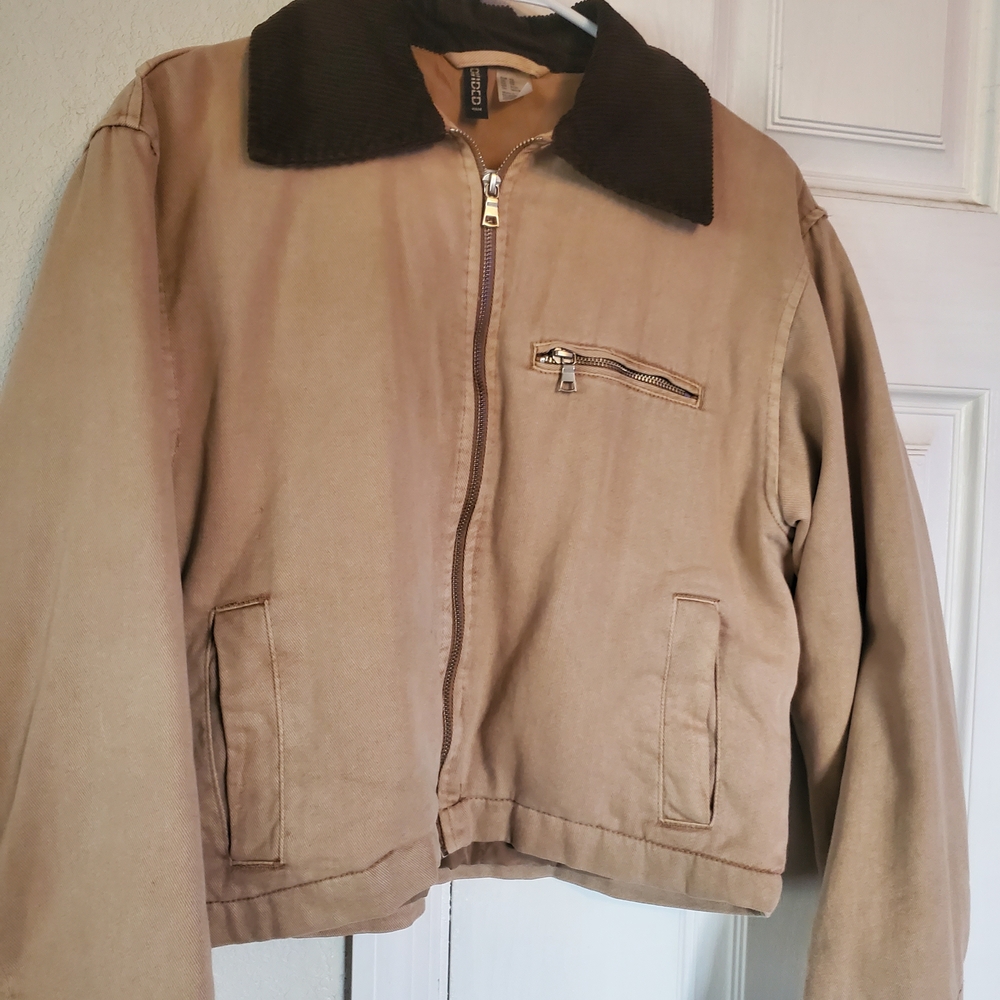 H&M Tan Bomber Jacket with Dark Brown Collar Loose Fit 90s Style